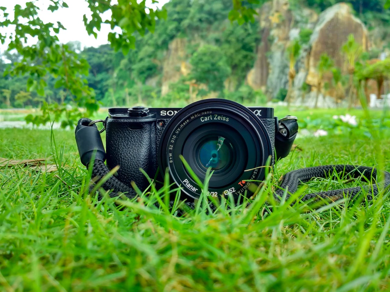 who-we-are Camera with Carl Zeiss lens on grass, surrounded by nature and vibrant greenery.